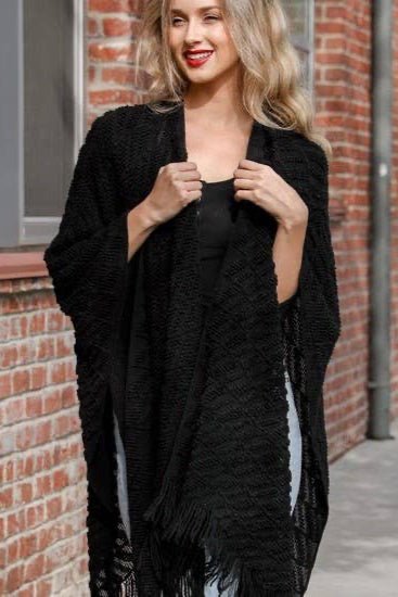 Soft Diagonal Knit Tassel Trim Ruana in Black - ivyandlavyboutique Leto Accessories