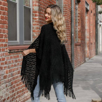 Soft Diagonal Knit Tassel Trim Ruana in Black - ivyandlavyboutique Leto Accessories