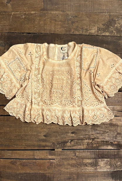 Softly Worn Eyelet Top in Oatmeal - ivyandlavyboutique Jaded Gypsy