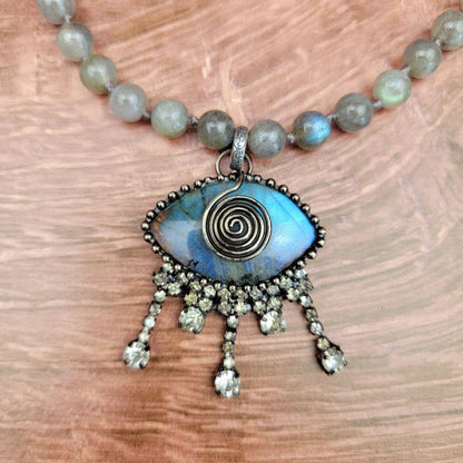 Soldered Labradorite Evil Eye Pendant Beaded Necklace - ivyandlavyboutique ZINC Designs