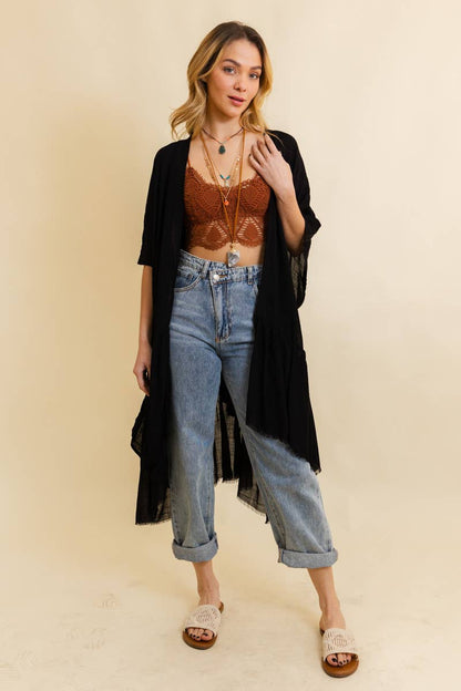 Solid Ruffle Edge Bohemian Kimono in Black - ivyandlavyboutique Leto Accessories