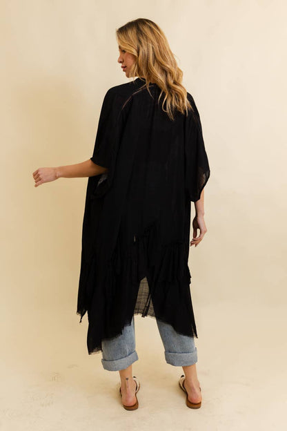 Solid Ruffle Edge Bohemian Kimono in Black - ivyandlavyboutique Leto Accessories