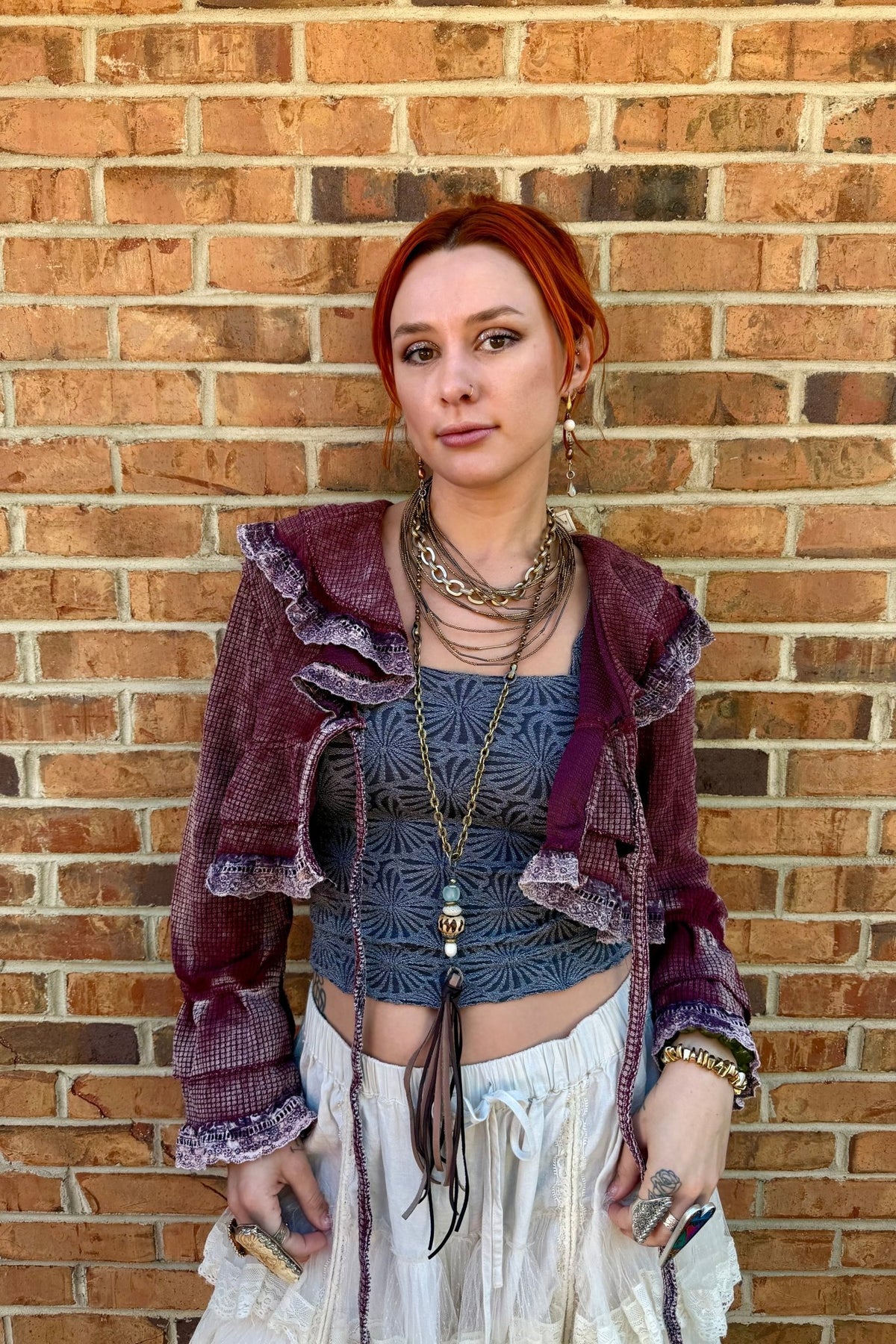 Songbird Gingham Lace Ruffle Tie Front Thermal Flared Cropped Top - ivyandlavyboutique Pol Clothing