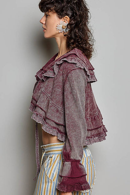 Songbird Gingham Lace Ruffle Tie Front Thermal Flared Cropped Top - ivyandlavyboutique Pol Clothing