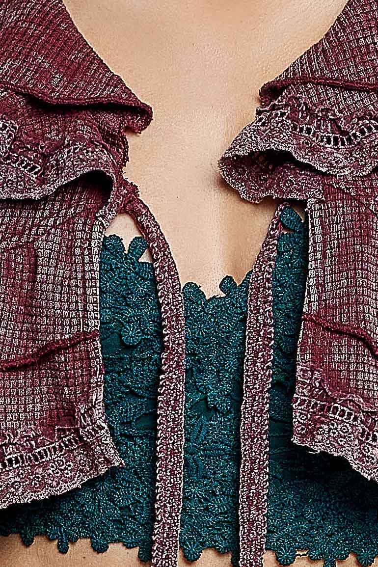 Songbird Gingham Lace Ruffle Tie Front Thermal Flared Cropped Top - ivyandlavyboutique Pol Clothing