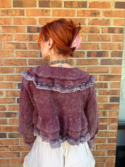 Songbird Gingham Lace Ruffle Tie Front Thermal Flared Cropped Top - ivyandlavyboutique Pol Clothing