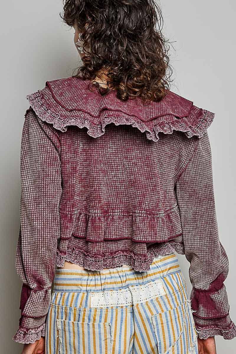 Songbird Gingham Lace Ruffle Tie Front Thermal Flared Cropped Top - ivyandlavyboutique Pol Clothing