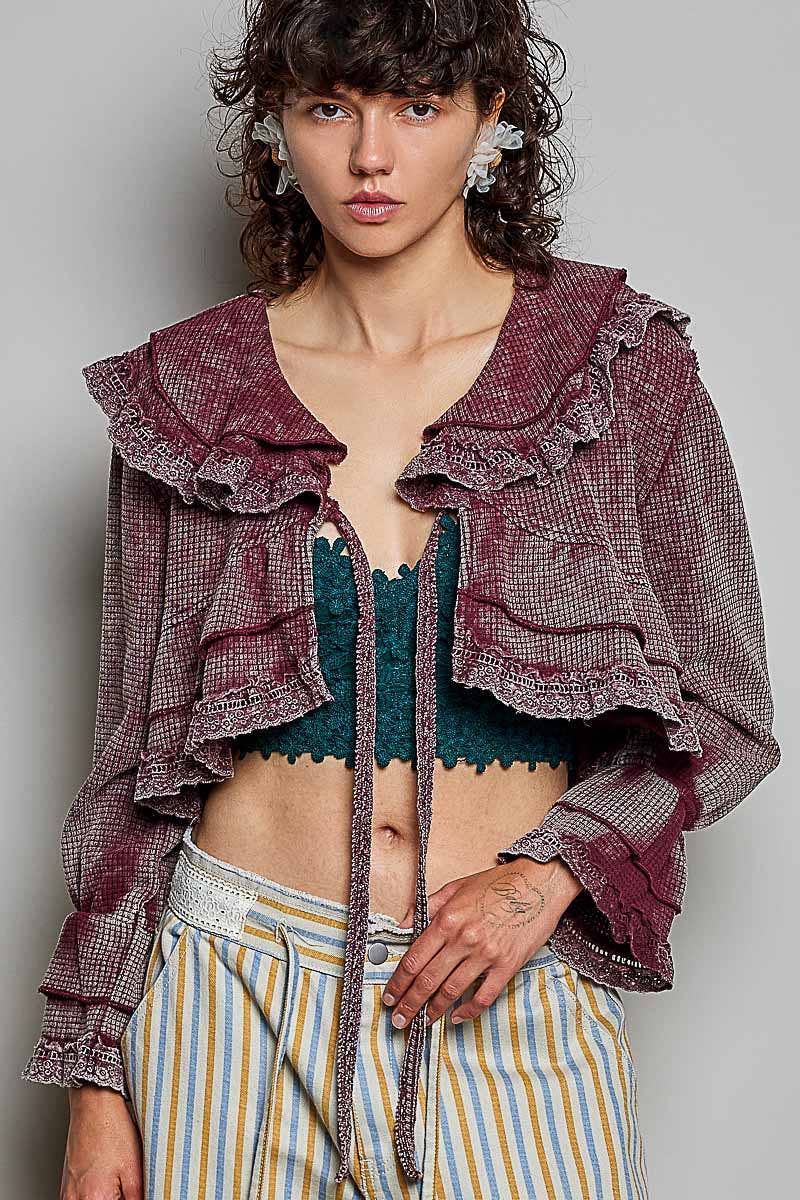 Songbird Gingham Lace Ruffle Tie Front Thermal Flared Cropped Top - ivyandlavyboutique Pol Clothing