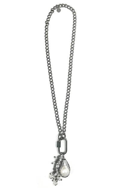 Sparkle Bright Med. Curb Chain w/Front Carabiner Pave Edge Pearl - ivyandlavyboutique Lost & Found Trading