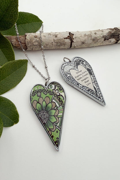 Spirit Lala: Large Green Brown Flower Heart Pendant Necklace - ivyandlavyboutique Spirit Lala