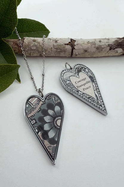 Spirit Lala: Large Grey Black Flower Heart Pendant Necklace - ivyandlavyboutique Spirit Lala