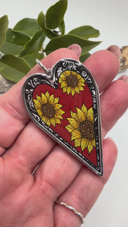 Spirit Lala: Large Red Sunflower Heart Pendant Necklace - ivyandlavyboutique Spirit Lala