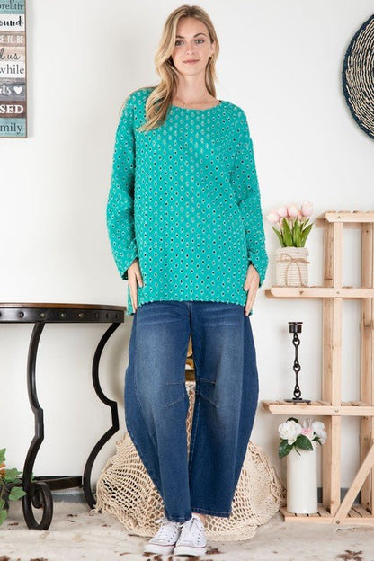 Square Perforated Crew Neck Top - ivyandlavyboutique Blue Velvet