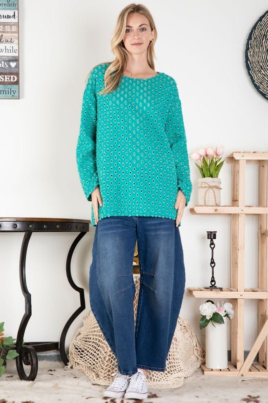 Square Perforated Crew Neck Top - ivyandlavyboutique Blue Velvet