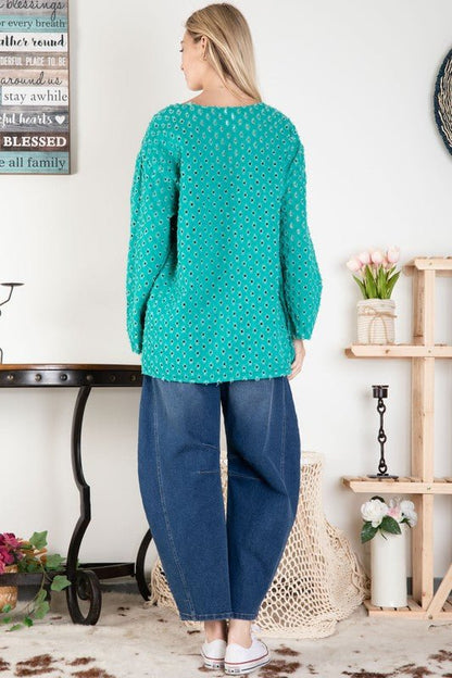 Square Perforated Crew Neck Top - ivyandlavyboutique Blue Velvet
