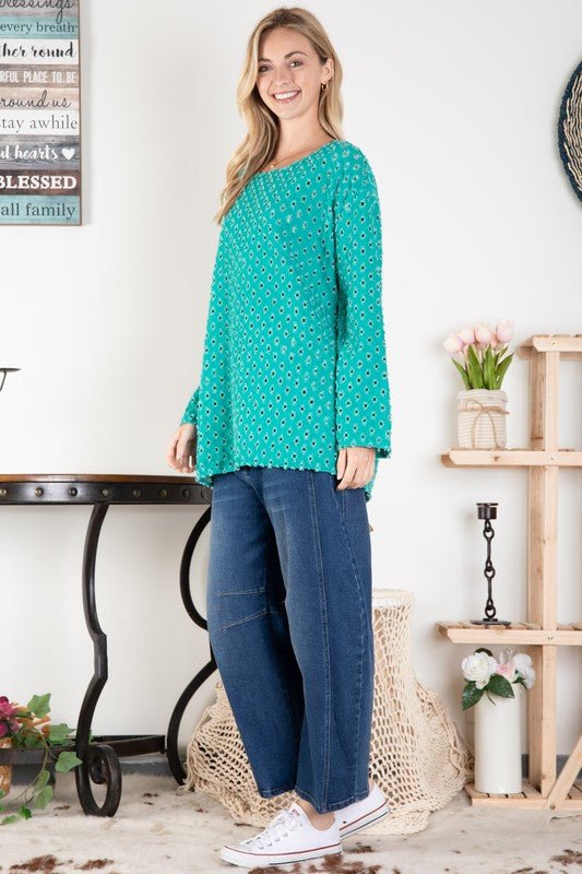 Square Perforated Crew Neck Top - ivyandlavyboutique Blue Velvet