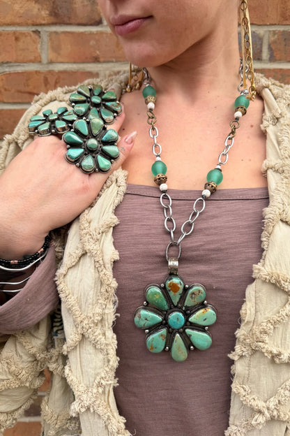 Squash Blossom Turquoise Flower Ring - ivyandlavyboutique ivyandlavyboutique