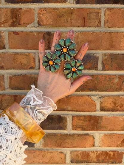 Squash Blossom Turquoise & Orange Flower Ring - ivyandlavyboutique ivyandlavyboutique