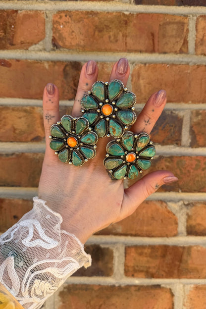 Squash Blossom Turquoise & Orange Flower Ring - ivyandlavyboutique ivyandlavyboutique