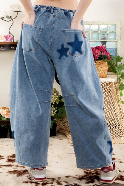 Star Eyes Barrel Painted Star Jeans - ivyandlavyboutique Blue Velvet