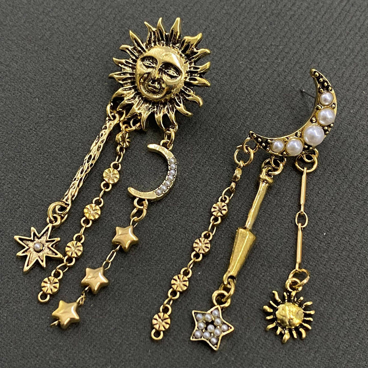 Star Fringe Asymmetric Sun Moon Post Earrings - MS - ivyandlavyboutique Mio Queena