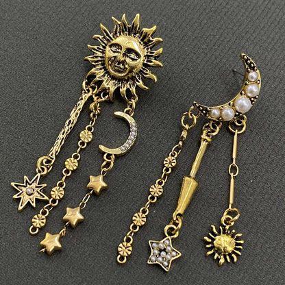 Star Fringe Asymmetric Sun Moon Post Earrings - MS - ivyandlavyboutique Mio Queena