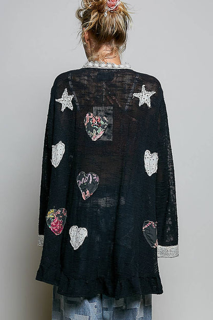 Star Gazed Floral Heart and Star Appliqué Crochet Cardigan in Black - ivyandlavyboutique Pol Clothing