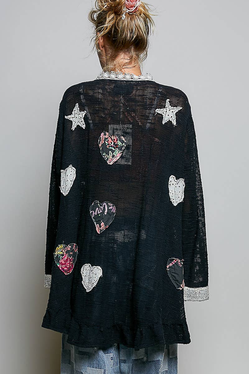 Star Gazed Floral Heart and Star Appliqué Crochet Cardigan in Black - ivyandlavyboutique Pol Clothing
