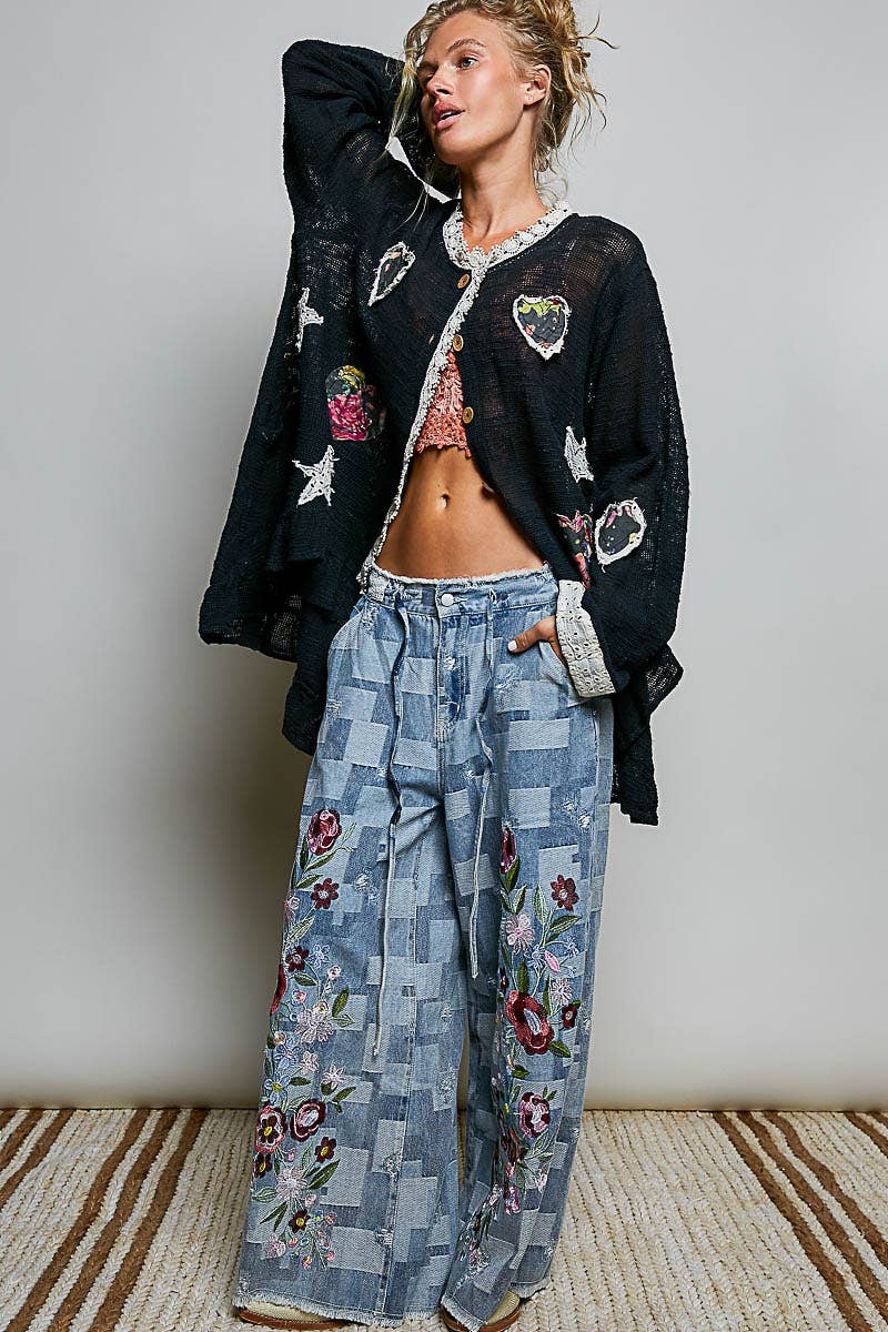 Star Gazed Floral Heart and Star Appliqué Crochet Cardigan in Black - ivyandlavyboutique Pol Clothing