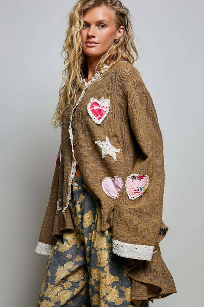 Star Gazed Floral Heart and Star Appliqué Crochet Cardigan in Mocha - ivyandlavyboutique Pol Clothing