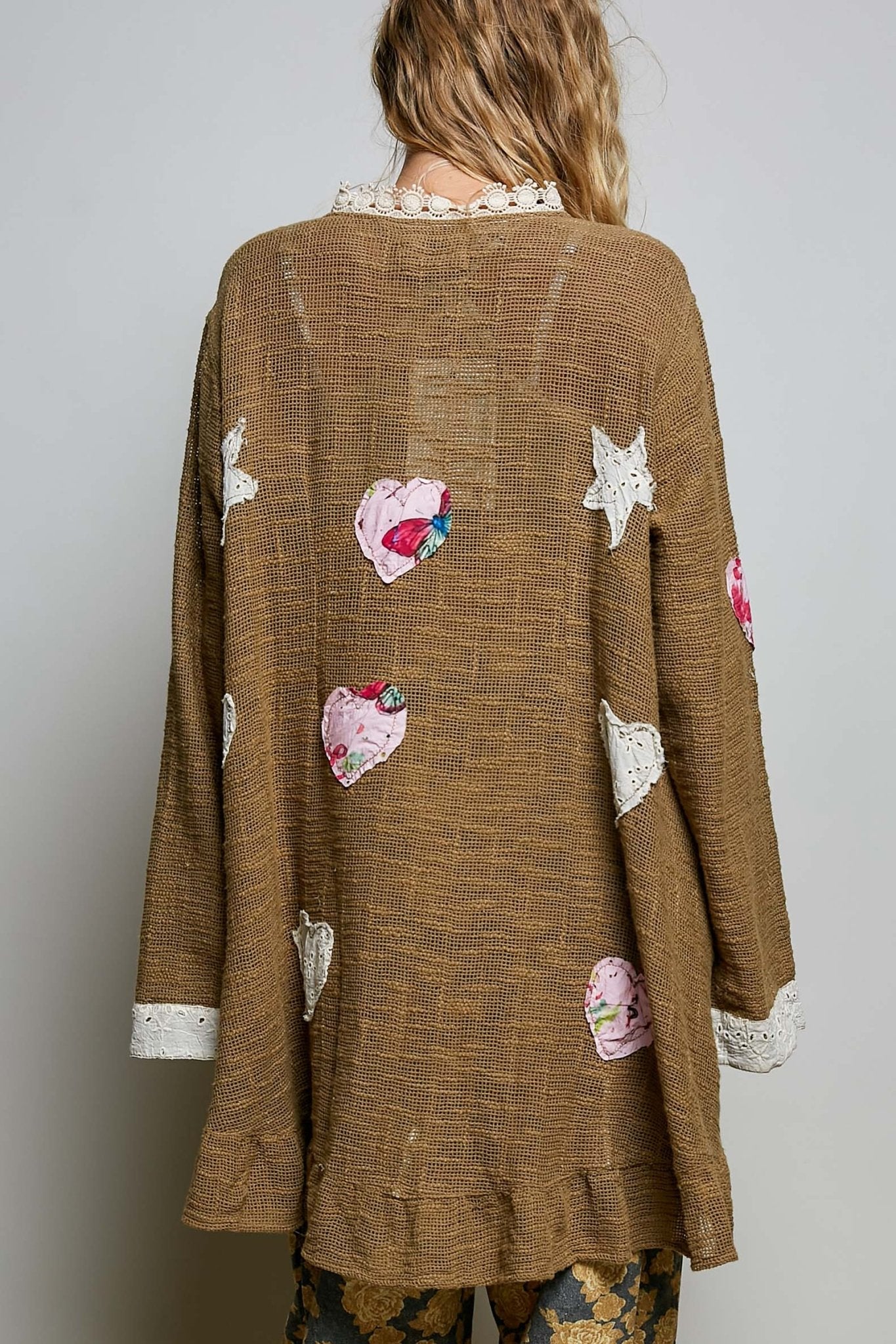 Star Gazed Floral Heart and Star Appliqué Crochet Cardigan in Mocha - ivyandlavyboutique Pol Clothing