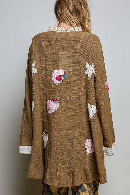 Star Gazed Floral Heart and Star Appliqué Crochet Cardigan in Mocha - ivyandlavyboutique Pol Clothing
