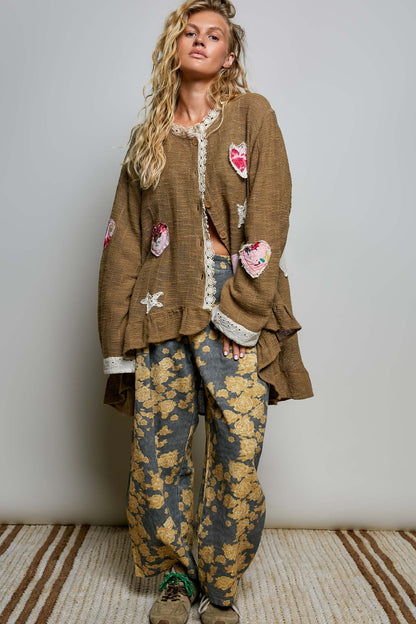 Star Gazed Floral Heart and Star Appliqué Crochet Cardigan in Mocha - ivyandlavyboutique Pol Clothing