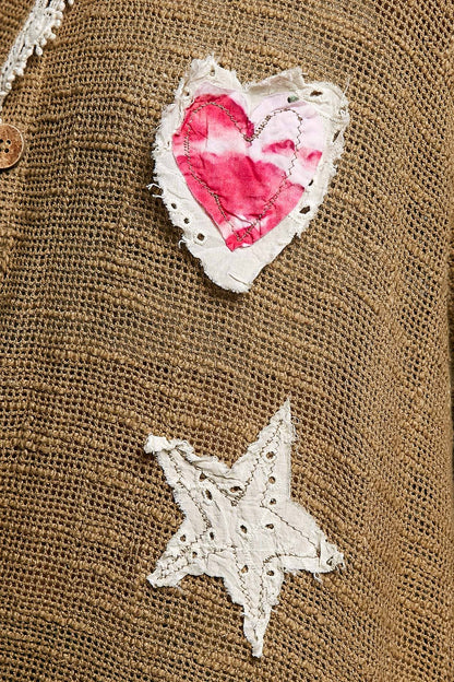 Star Gazed Floral Heart and Star Appliqué Crochet Cardigan in Mocha - ivyandlavyboutique Pol Clothing