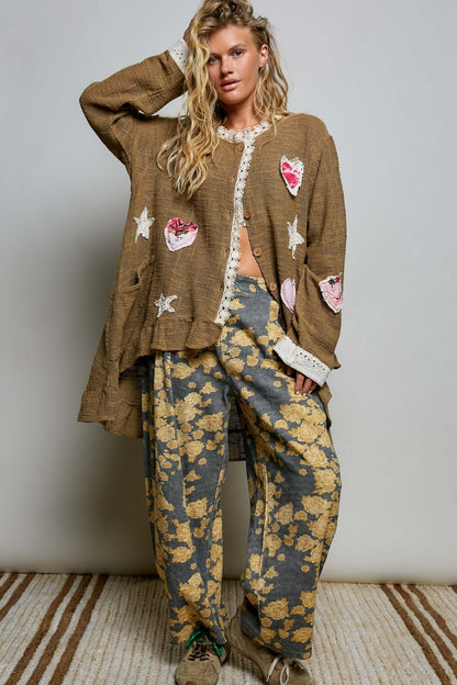 Star Gazed Floral Heart and Star Appliqué Crochet Cardigan in Mocha - ivyandlavyboutique Pol Clothing