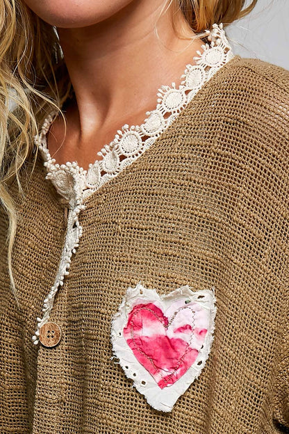 Star Gazed Floral Heart and Star Appliqué Crochet Cardigan in Mocha - ivyandlavyboutique Pol Clothing