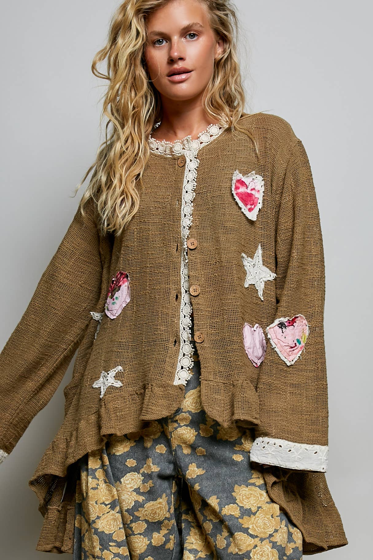Star Gazed Floral Heart and Star Appliqué Crochet Cardigan in Mocha - ivyandlavyboutique Pol Clothing