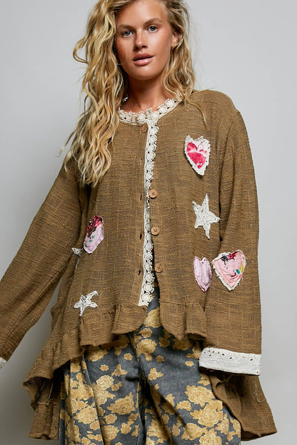 Star Gazed Floral Heart and Star Appliqué Crochet Cardigan in Mocha - ivyandlavyboutique Pol Clothing