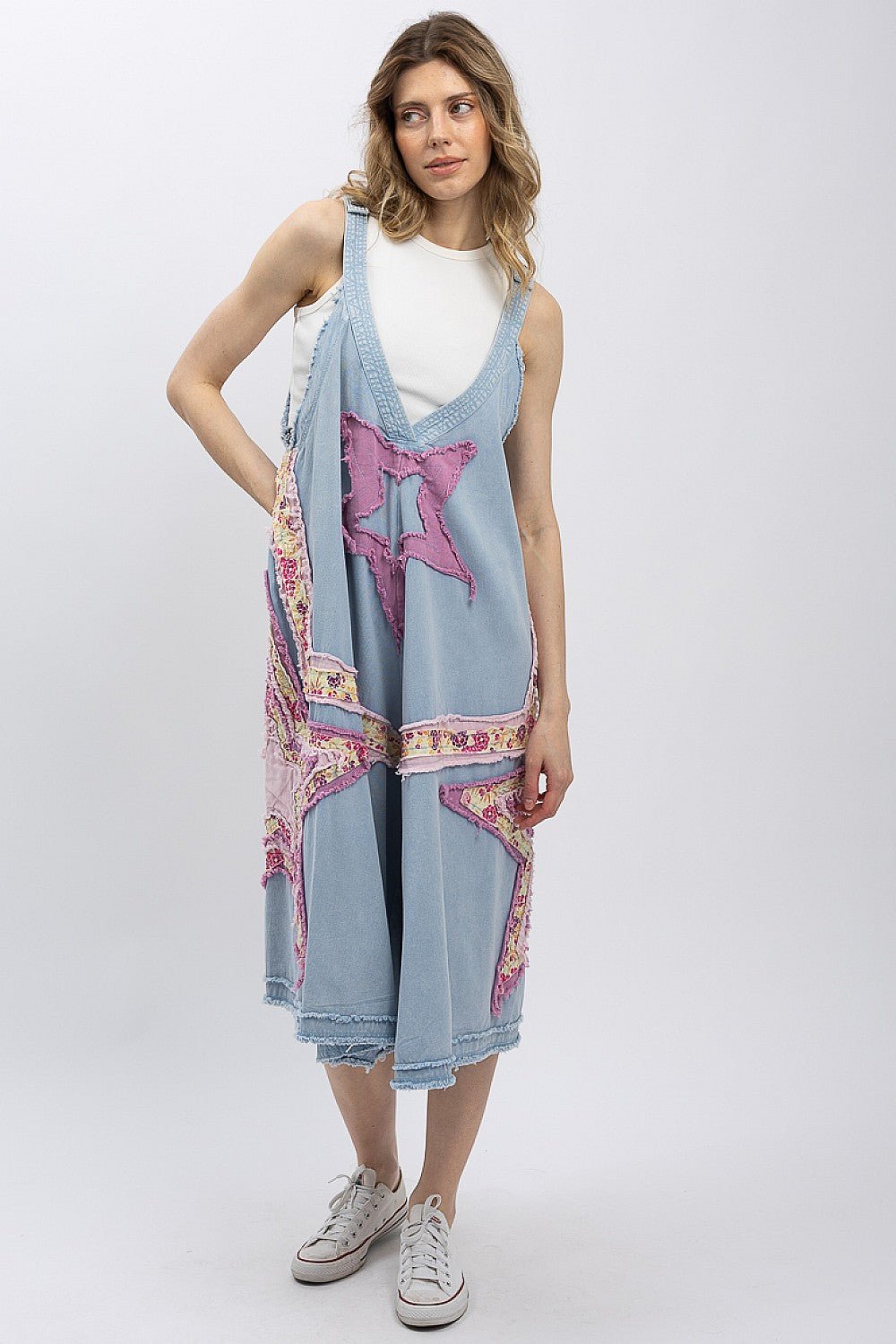 Star Gazer Oversized Patched Star Overall - ivyandlavyboutique Blue Velvet