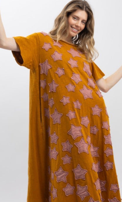 Star Patchwork Short Sleeve Dress - ivyandlavyboutique Blue Velvet