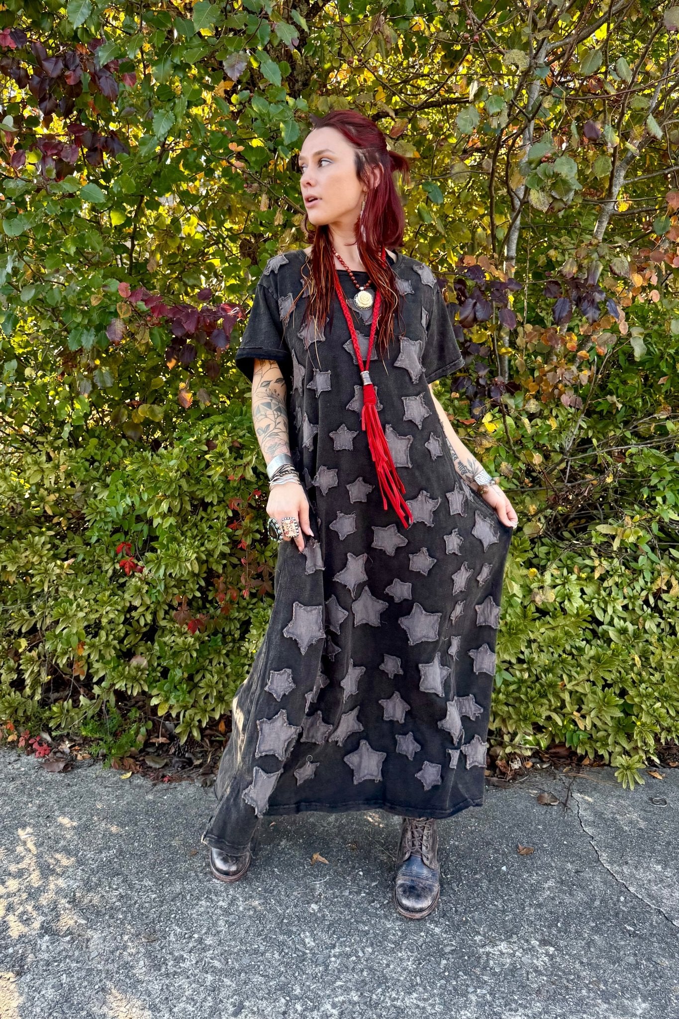 Star Patchwork Short Sleeve Dress - ivyandlavyboutique Blue Velvet