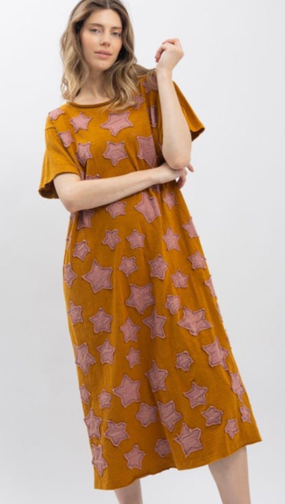 Star Patchwork Short Sleeve Dress - ivyandlavyboutique Blue Velvet