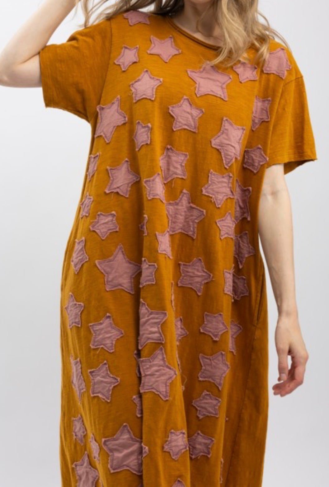 Star Patchwork Short Sleeve Dress - ivyandlavyboutique Blue Velvet