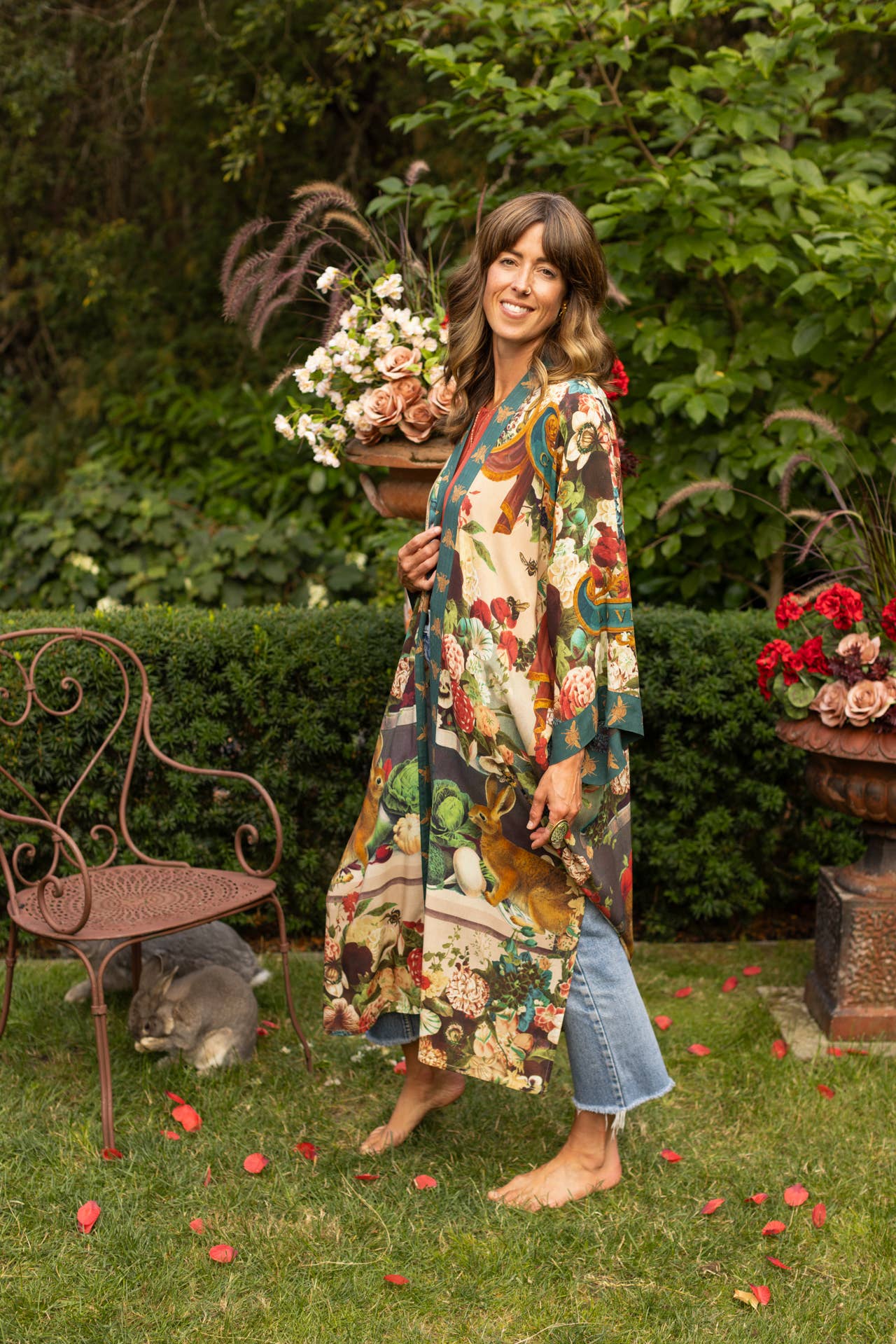 Stay Gold Opera Duster Kimono Robe w/ Rabbits Flowers & Bees - ivyandlavyboutique Market of Stars