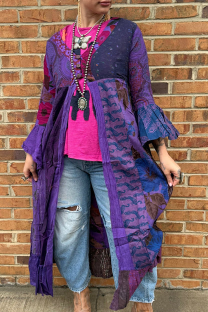 Stevie Nicks Bell Sleeve Button Front Kimono Top in Purple - ivyandlavyboutique Kathmandu Imports