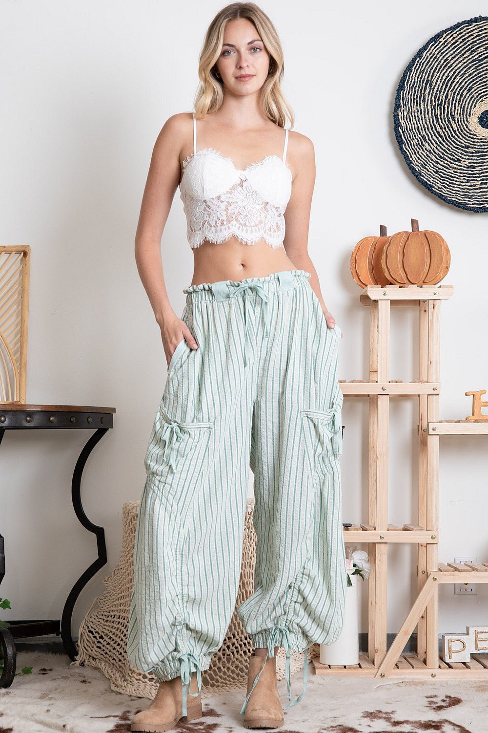 STRIPE CARGO DRAWSTRING PANTS - ivyandlavyboutique Blue Velvet