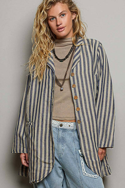 Stripe Pattern Asymmetrical Hem Lapel Style Woven Jacket - ivyandlavyboutique Pol Clothing