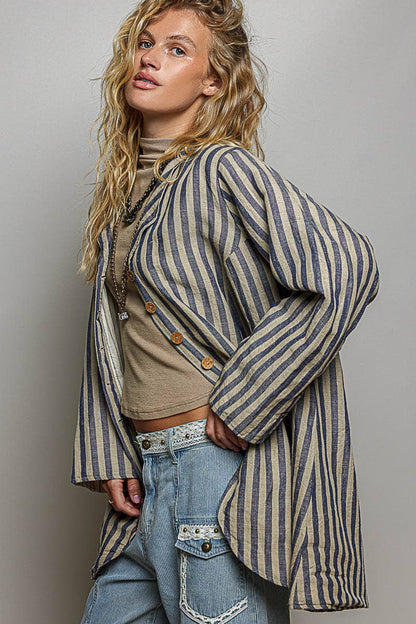 Stripe Pattern Asymmetrical Hem Lapel Style Woven Jacket - ivyandlavyboutique Pol Clothing