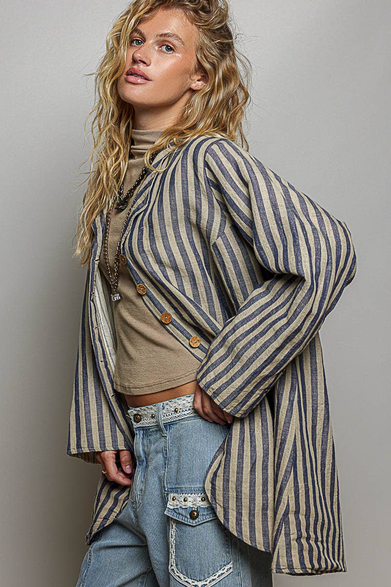 Stripe Pattern Asymmetrical Hem Lapel Style Woven Jacket - ivyandlavyboutique Pol Clothing