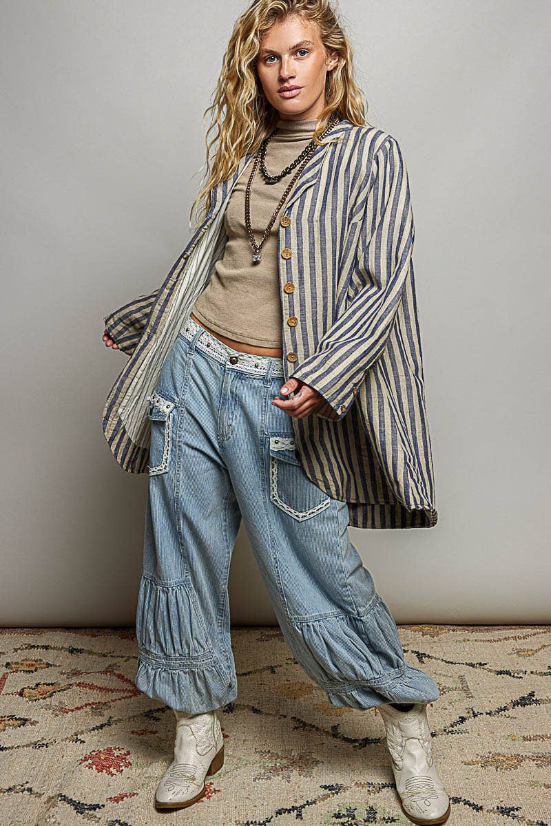 Stripe Pattern Asymmetrical Hem Lapel Style Woven Jacket - ivyandlavyboutique Pol Clothing